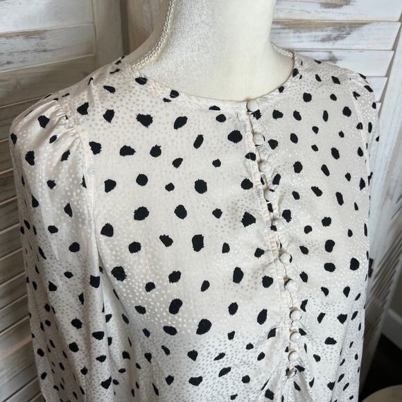 REBECCA TAYLOR 6 Spotted Animal Print Silk Top Button Placket Bell Sleeve White - Picture 6 of 14